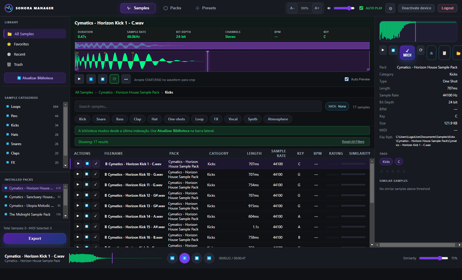 Sonora Manager sample library with waveform preview