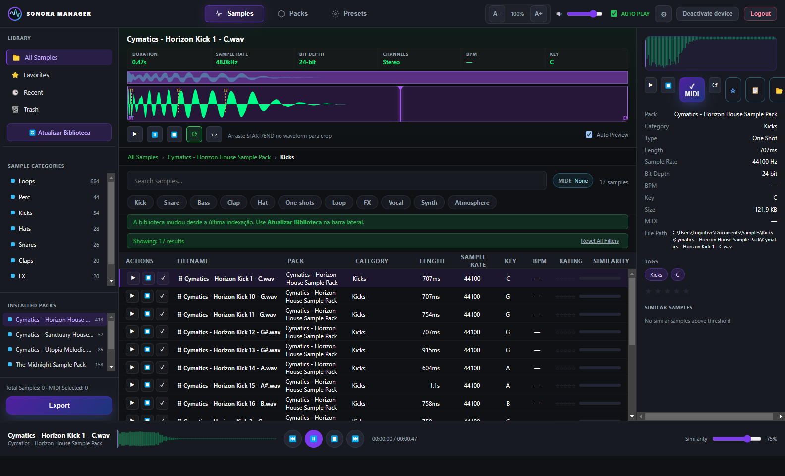 Sample browser with kicks list and detail panel